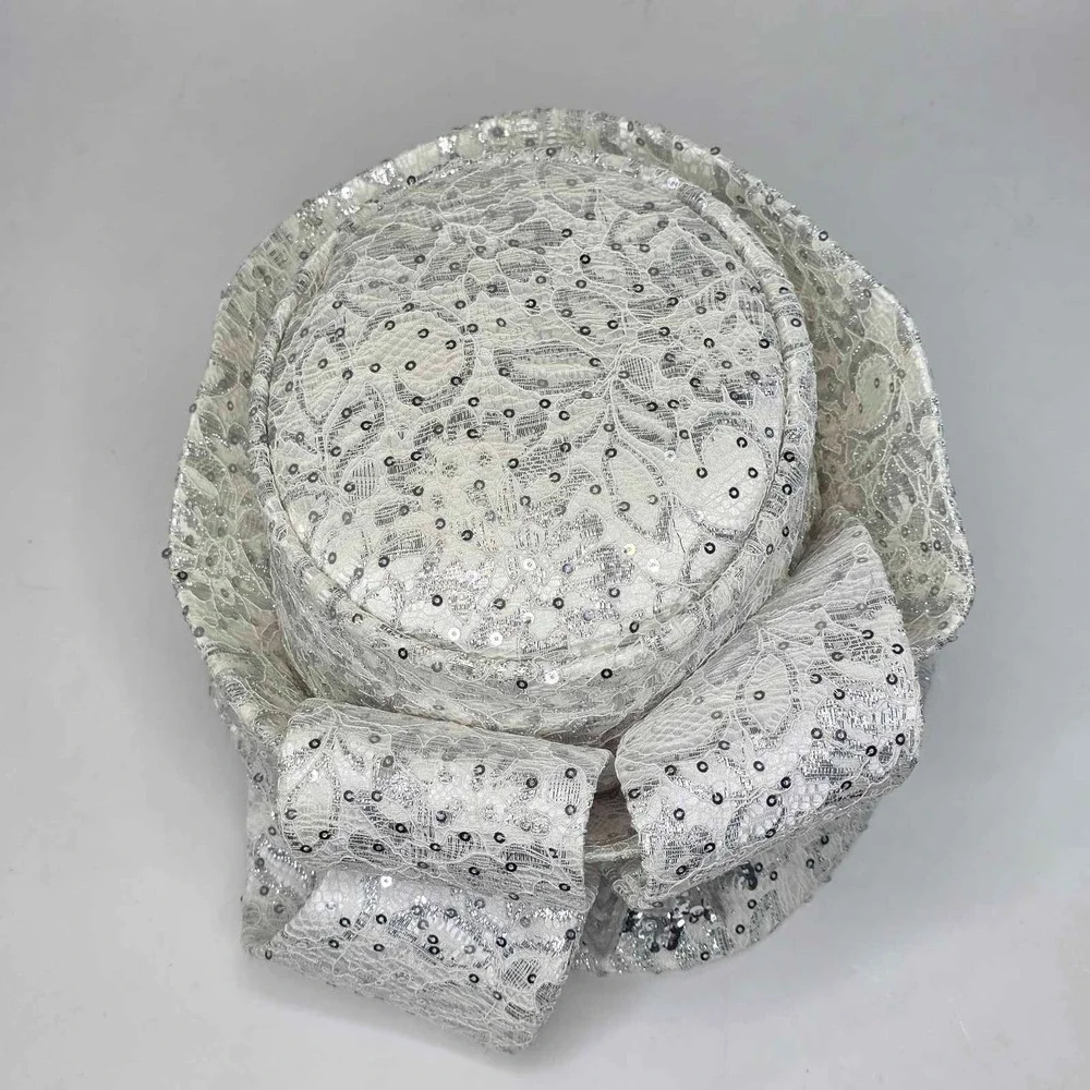 Ms Divine Hat Sun Women's Derby Church Brim Bow‎ Rhinestone Sequin White Silver